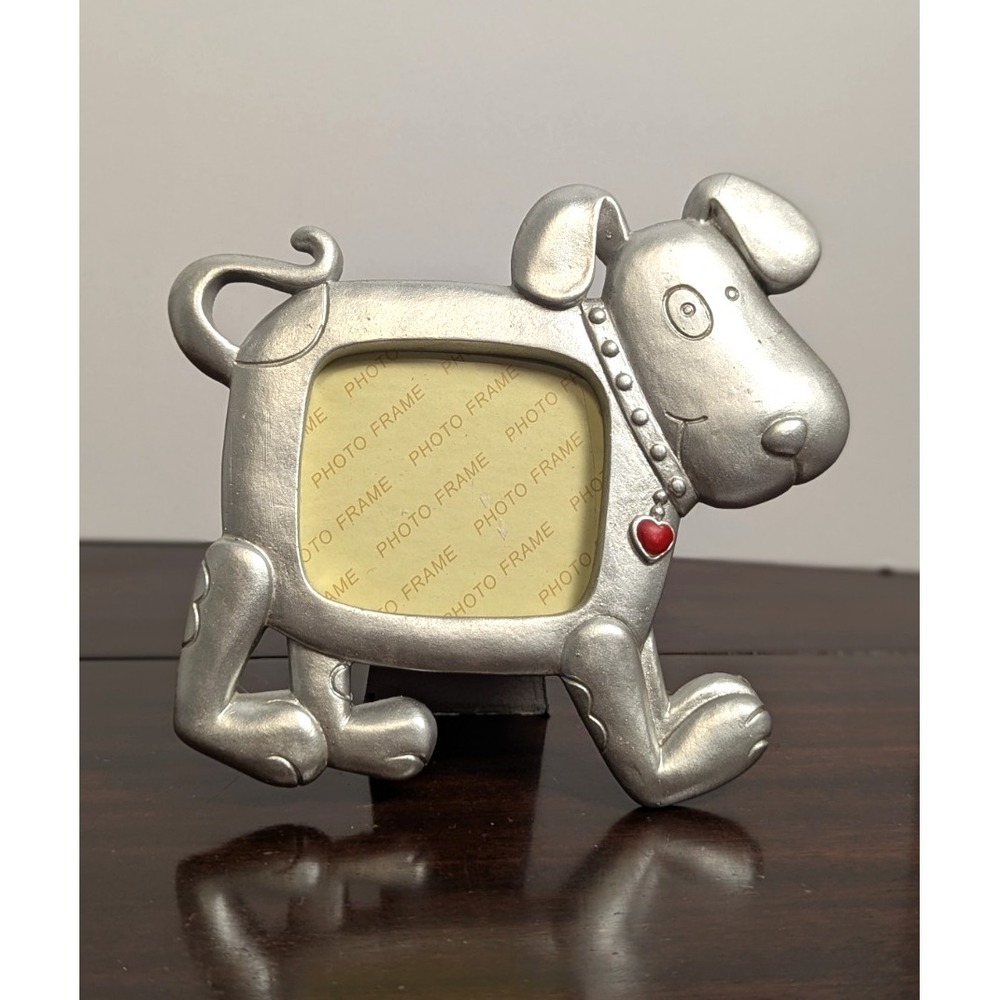 Silver Tone Dog Picture Frame Puppy Photo Frame Red Heart Desktop Decor